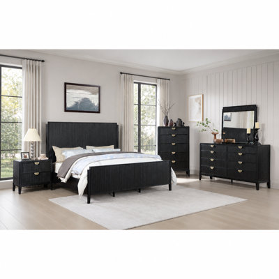 Wire Brushed Black Wood Panel Bed with Square Headboard