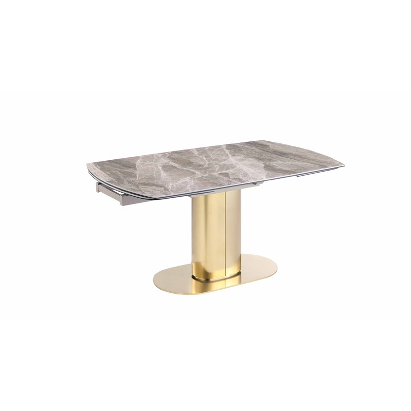 Elegant Extendable Faux Marble Dining Table with Brass Pedestal Base