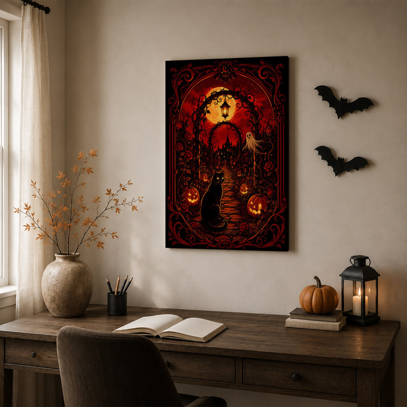 Art mural sur toile, "Chat noir et fantôme dans un jardin rouge effrayant", H 30 po x l 20 po