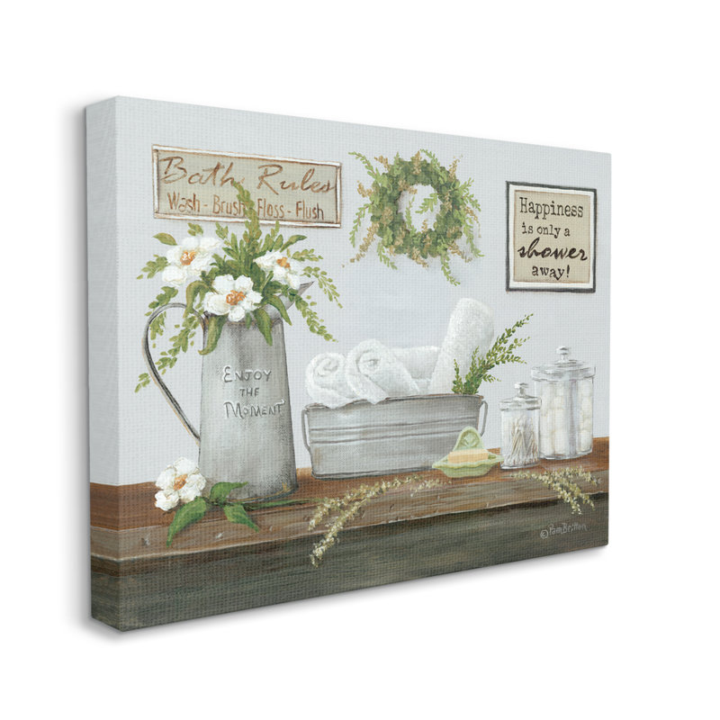 «Farmhouse Bathroom Counter Still Life Motivation», art mural sur toile tendue XXL par Pam Britton, H 30 po x l 40 po