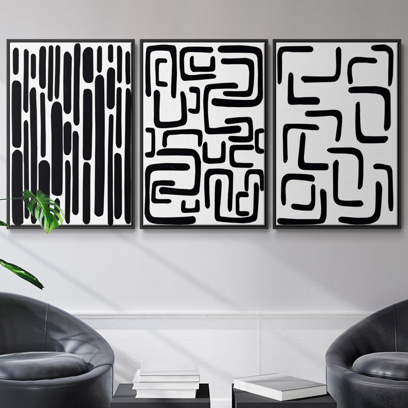 Shuffle I, ensemble de 3 toiles encadrées, H 27 po x l 54 po, Noir