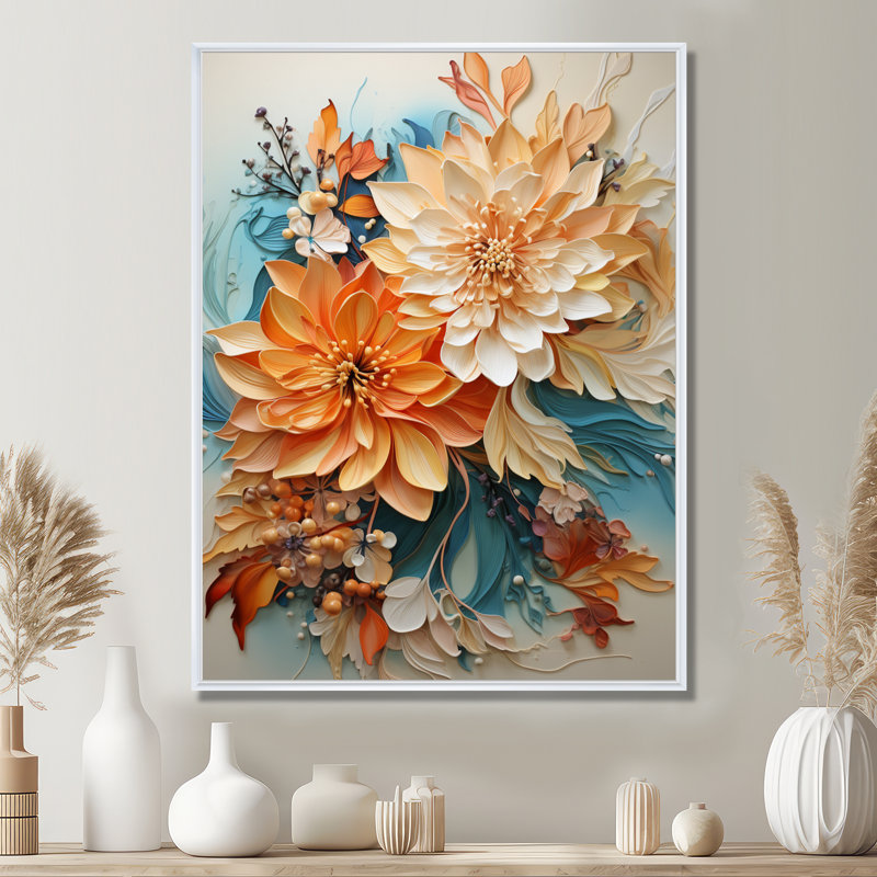Orange et bleu sarcelle, tourbillon botanique I - art botanique abstrait, H 40 po x l 30 po, Reproduction avec cadre flottant