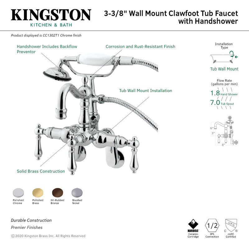 Kingston Brass Vintage Three-Handle 2-Hole Tub Wall Mount Clawfoot Tub Faucet with Hand Shower, Oil Rubbed Bronze