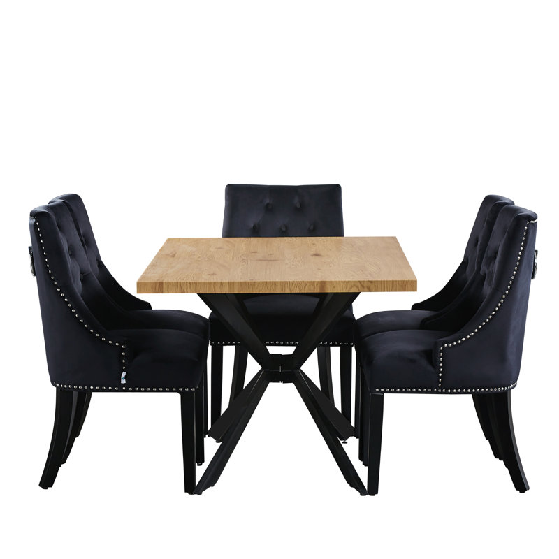 Jacey 6 Person Dining set - a Rectangular Wooden Dining Table with Metal Legs and a Set of 6 Quilted Ring Knocker Velvet Dining Chairs for Dining Room - Modern Dining Table Set