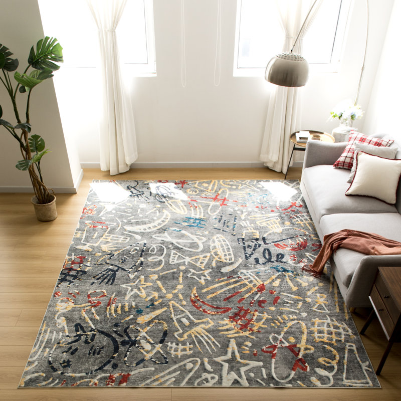 Tapis gris anthracite lavable à la machine Merzglyphs by Katie Merz, Rectangulaire 2 pi x 3 pi