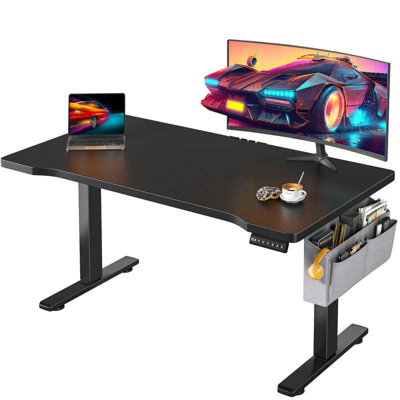 Electric Height Adjustable Standing Desk With Storage, Home Office Computer Desk With Led Lights, Black, Black