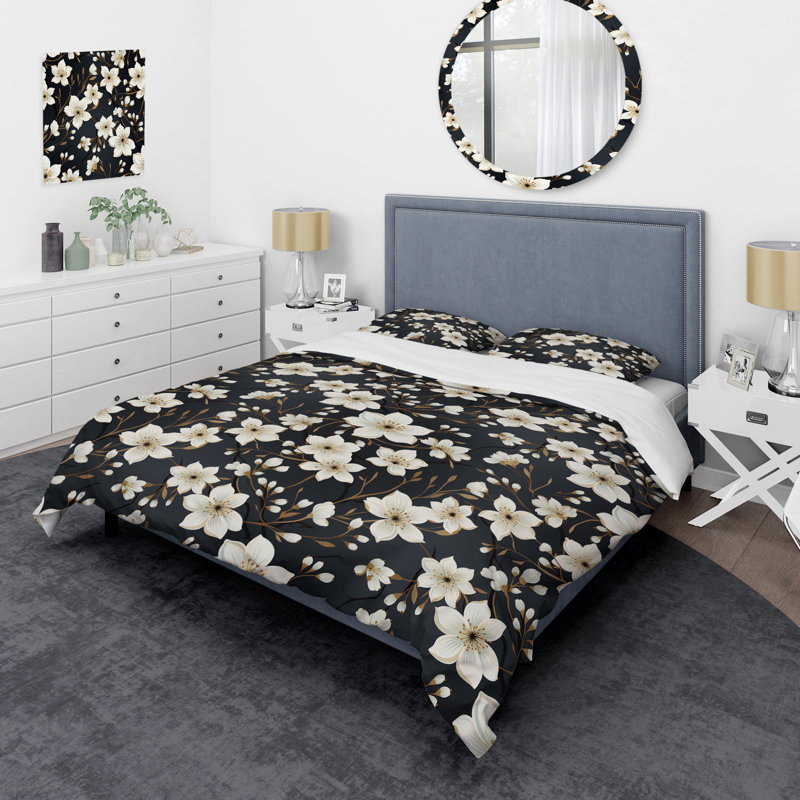 Minimalisme - motif de fleurs noires et beiges - ensemble de housse de couette floral - microfibre de polyester