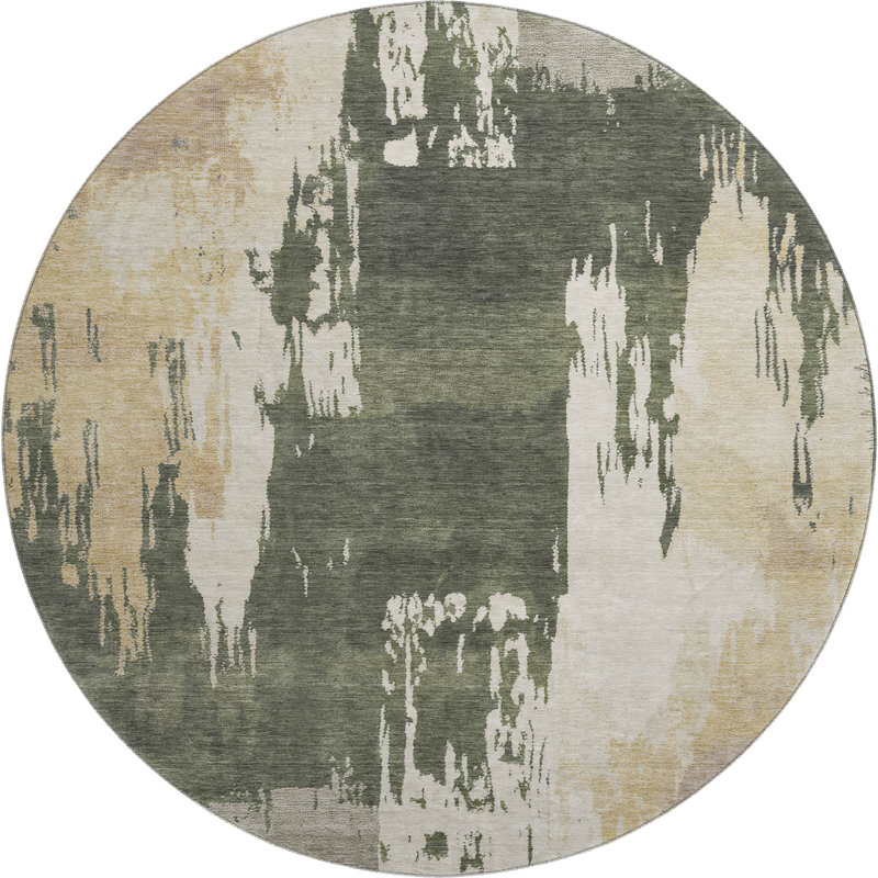 Tapis abstrait lavable à la machine de qualité supérieure Mayfield AMF2347, Olive, Rond 8 pi