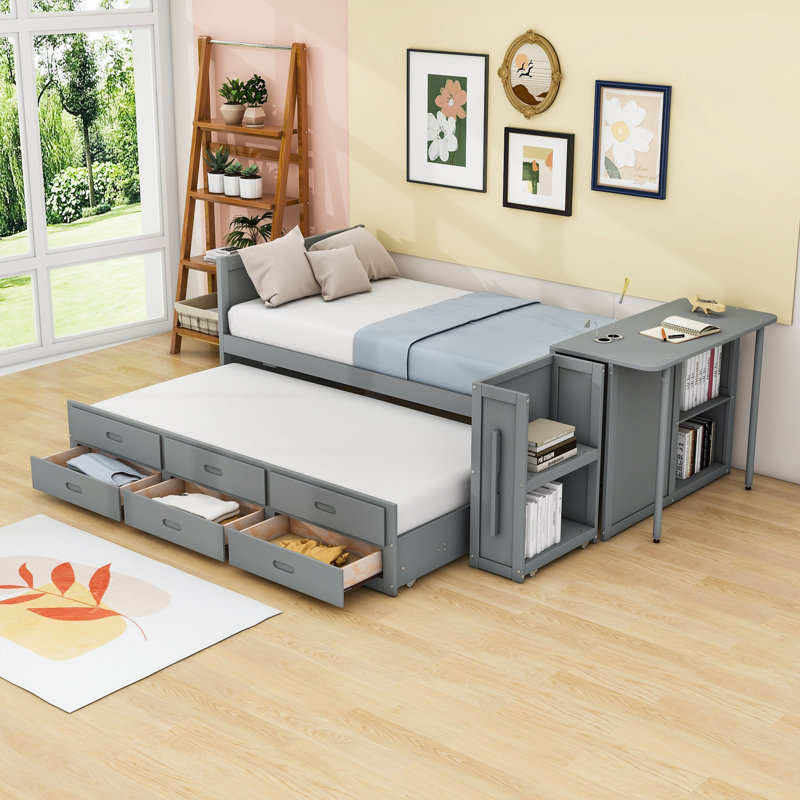 Lit multifonctionnel simple Efthymios avec bureau intégré, lit gigogne et rangement, Gris