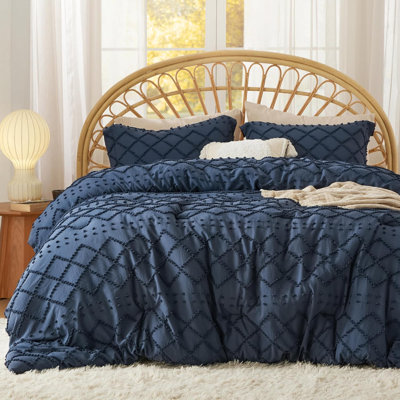 Ensemble d'édredon très grand californien - édredon bleu marine, ensemble d'édredon bohème chic et touffeté, ensemble de lit de ferme 3 pièces pour toutes les saisons, ensemble de literie moelleux avec 2 taies décoratives