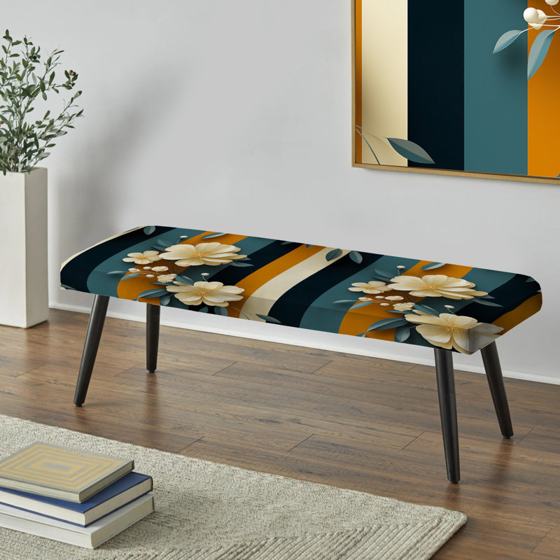 Classic Elegant Floral Striped Serenity I - Striped Upholstered Black Bench
