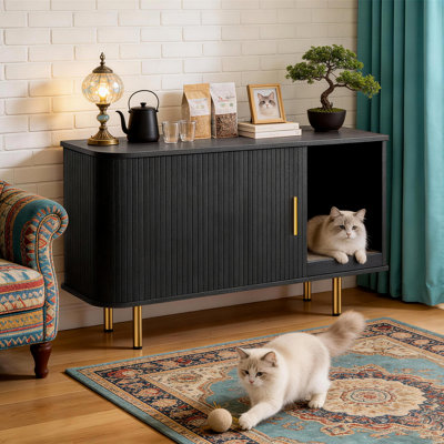 Enceinte de litière pour chat 38,5 "avec tablette à gratter et porte de tambour coulissante
