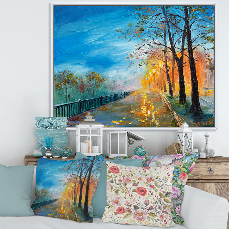 «Evening on Autumn Road», peinture sur toile, Cadre flottant blanc, H 16 po x l 32 po x p 1 po