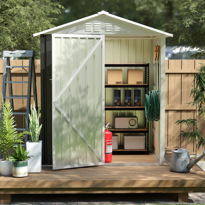 Remise en métal 5,4 x 4,27 pi avec porte à charnière pour patio et utilitaire - Protégée, feuilles galvanisées, porte de jardin facile d'accès, structure en fer massif, utilitaire pour la pelouse