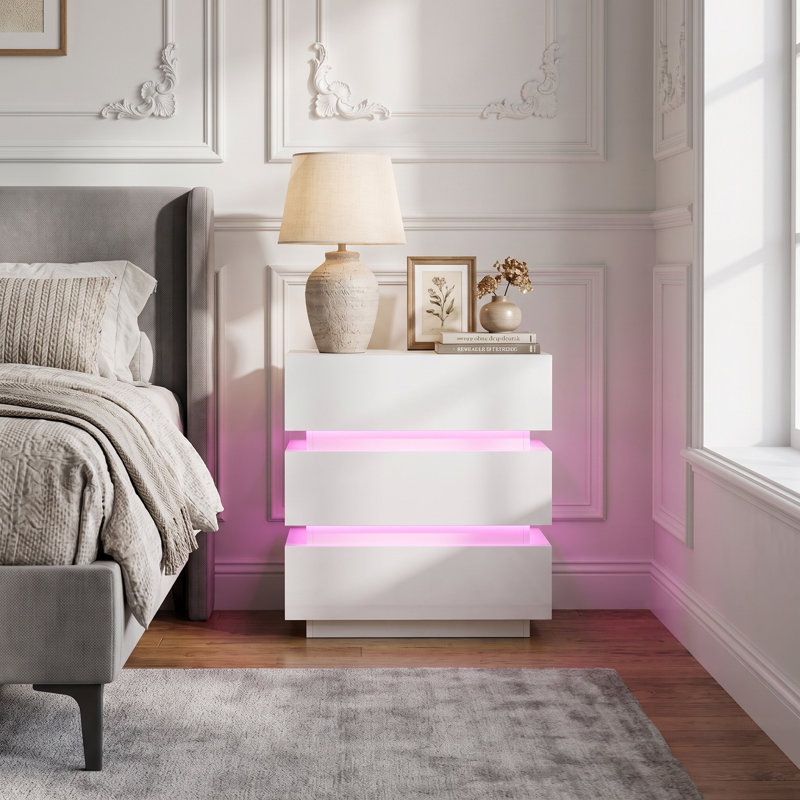 3 Drawers Bedside Table, Bedside Cabinet with LED Light & UK Charging Station 2AC/2USB, Wooden Storage Side Cabinet for Bedroom Living Room Corner, UK Plug
