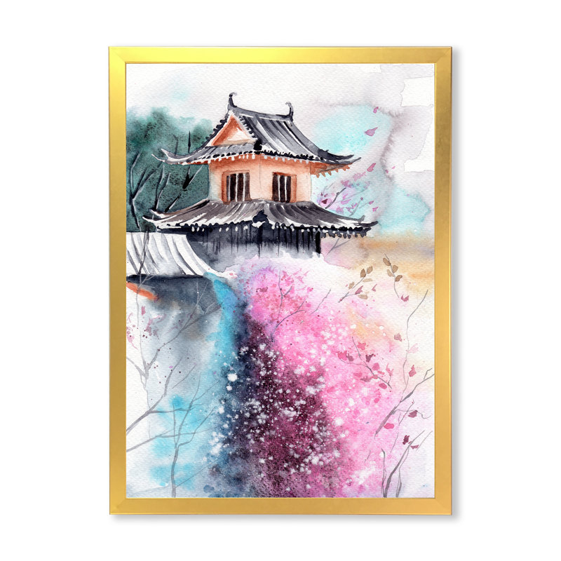 Fleurs de cerisier avec temple japonais - peinture sur toile, H 32 po x l 24 po x P 1 po, Cadre doré à coins fermés