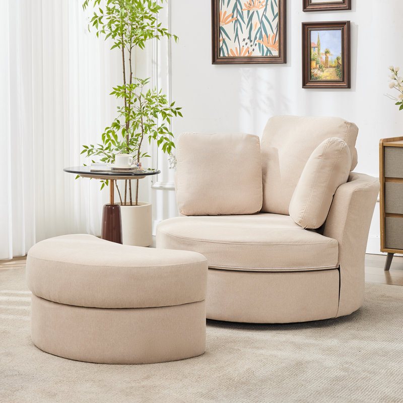 Oversized Swivel Barrel Chairs Round Accent Chair With Storage Ottoman And Removable Headrest, Beige