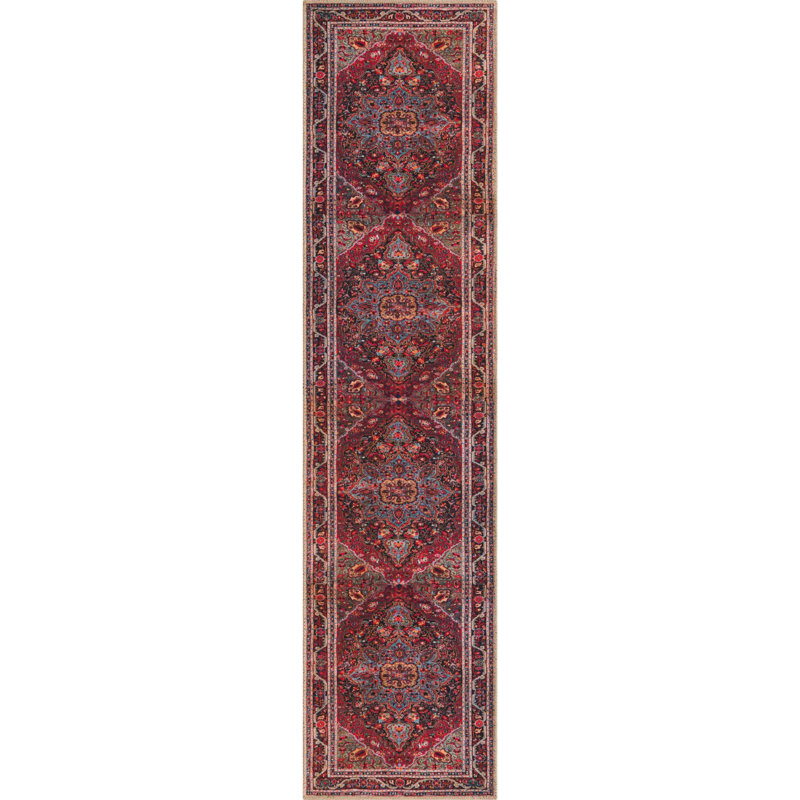 Tapis traditionnel oppi noir / bourgogne, Tapis de couloir 2 pi x 8 pi