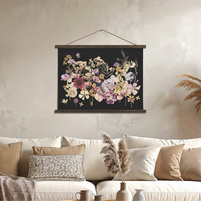  Art mural tapissé encadré de fleurs séchées - impression botanique avec bleu, jaune et rose