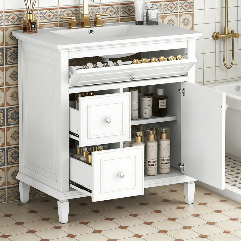 Meuble-lavabo de salle de bain avec lavabo, un tiroir rabattable et deux tiroirs, Blanc