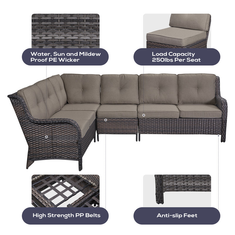 Ensemble de conversation modulaire en rotin 5 pièces avec coussins Tonry, Brun, gris