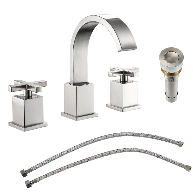 Brushed Nickel Lavatory Tap With 2 Handles - Solid Brass And Stainless Steel Material, Comes Pop Up Drain Water Supply Lines For A Modern Widespread Bathroom Faucet In Matte Black Materials Steel,