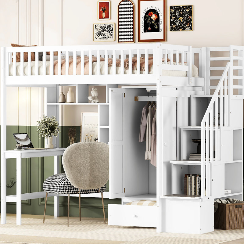 Lit mezzanine simple blanc avec bibliothèque, tiroirs, bureau et garde-robe. Conception fiable de la hanche, Blanc