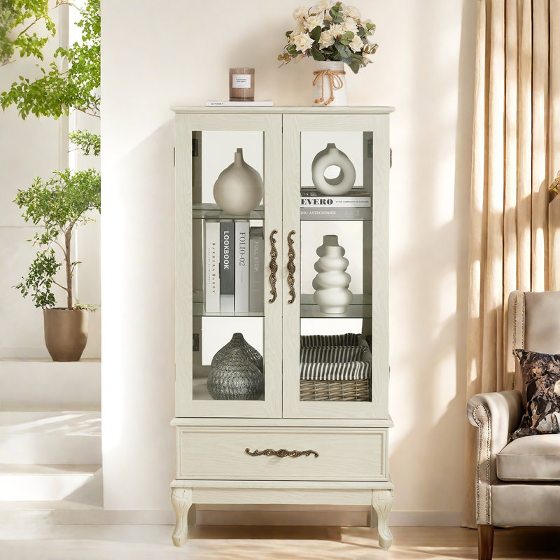 Cabinet Lighted Glass Cabinet Glass Wine Cabinet, Antique White