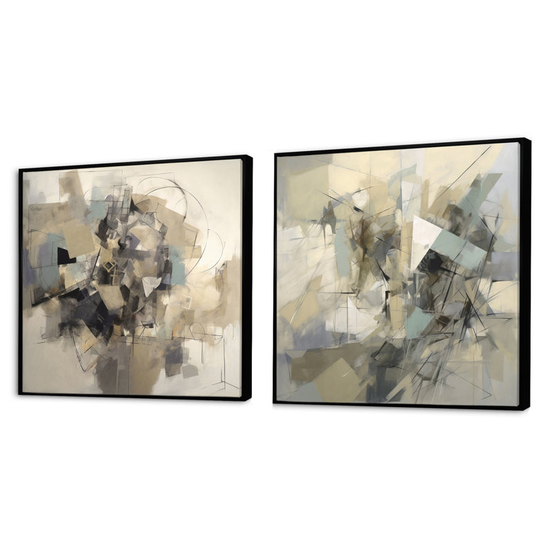 Mélange géométrique gris et beige - ensemble de 2 collages abstraits carrés, Cadre flottant noir, H 30 po x l 61 po