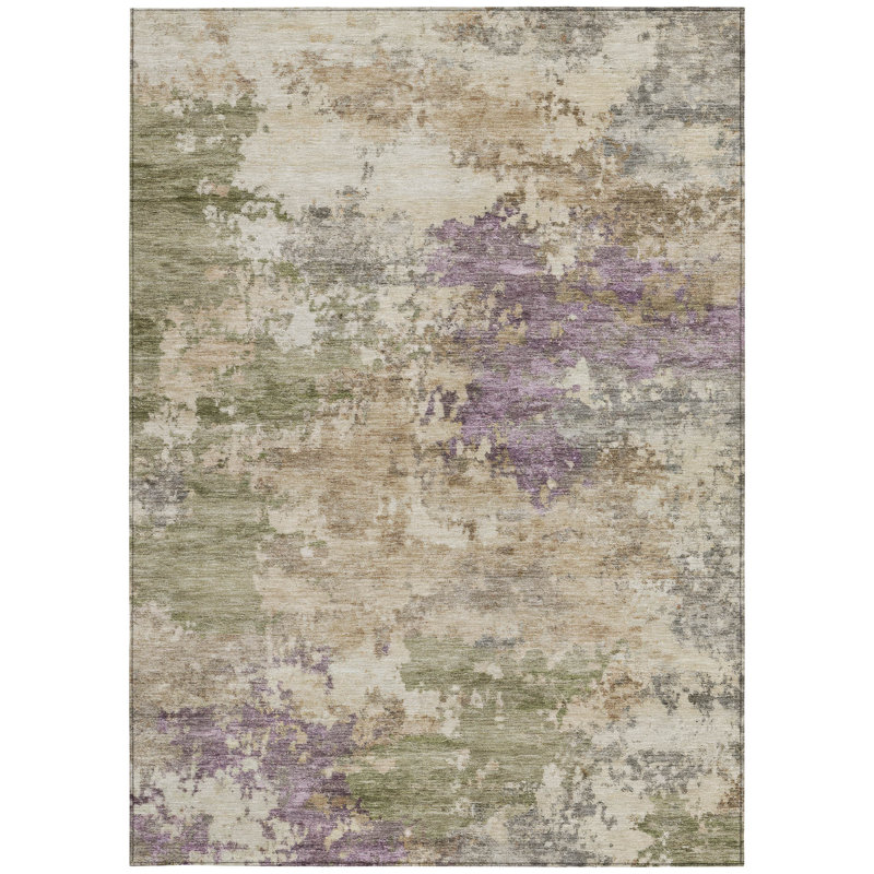 Tapis extérieur lavable abstrait vert et mauve 5 pi x 8 pi beige