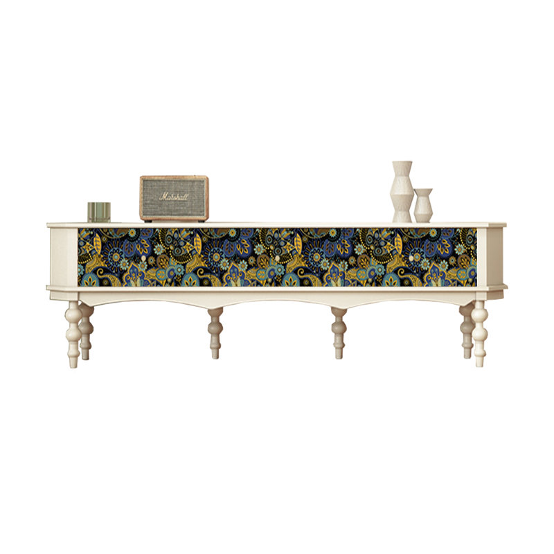 French Retro Style Pine Wood TV Stand, White/Multicolor
