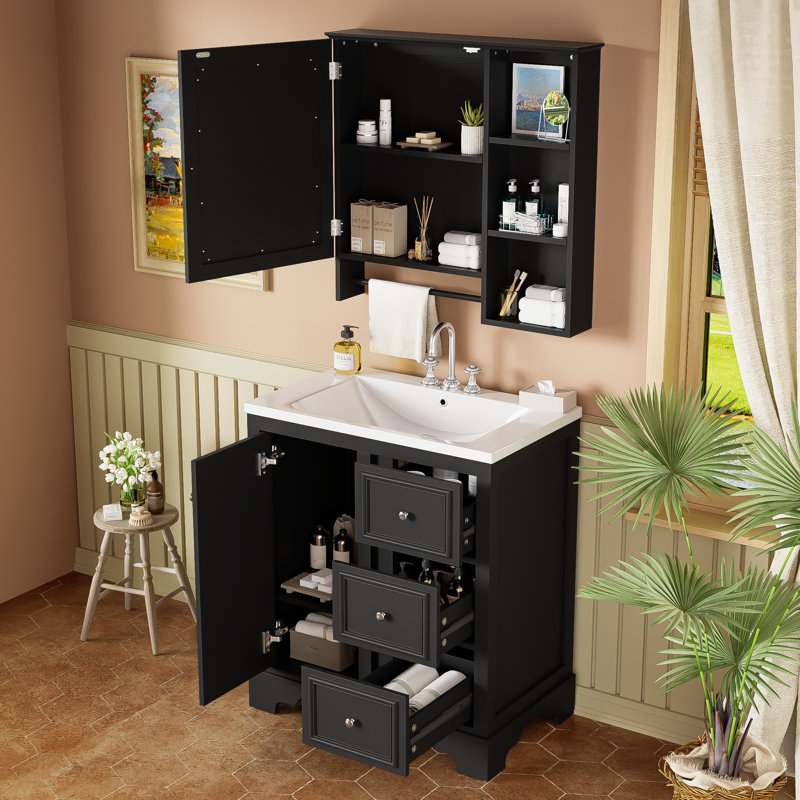 Ensemble de meuble-lavabo simple 30 po avec comptoir en céramique et armoire de miroir murale, Noir