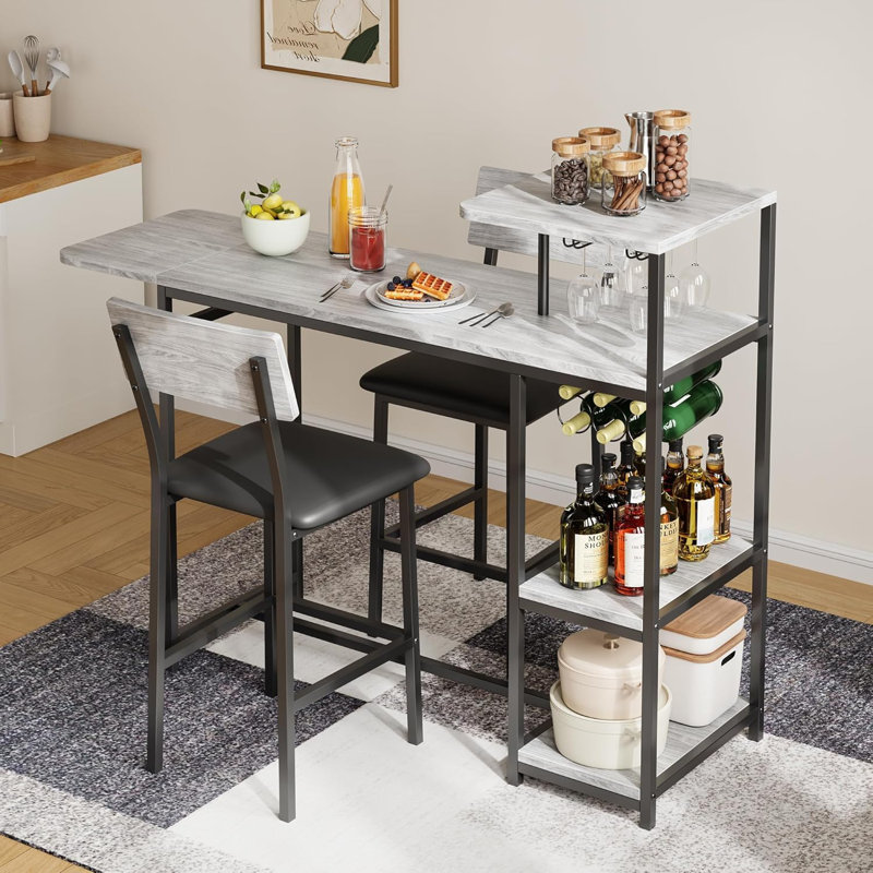 Ensemble de table de bar et chaises 3 pièces pour 2 personnes, ensemble de salle à manger avec tablettes de rangement, Gris