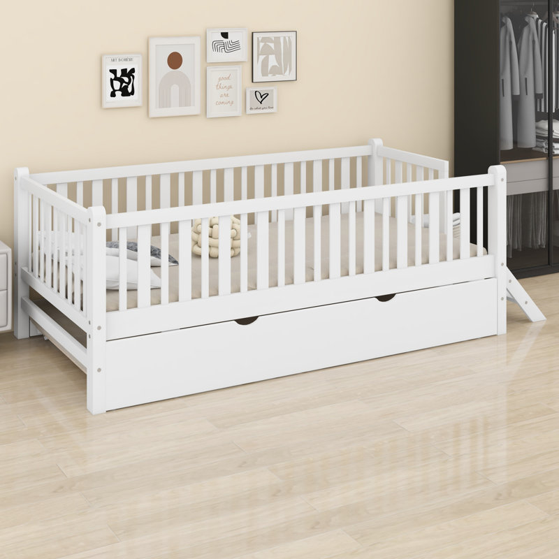 Lit plateforme en bois avec garde-corps et lit gigogne, Blanc