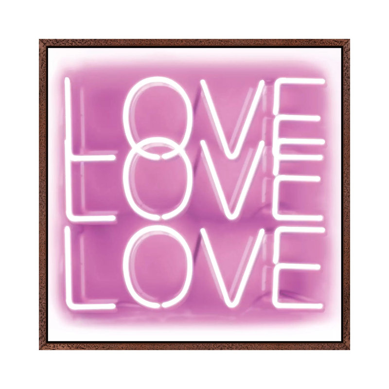 Neon Love Love Love Pink On White by Hailey Carr - Print on Canvas, Classic Brown Wood Framed, 66.04 cm H x 66.04 cm W