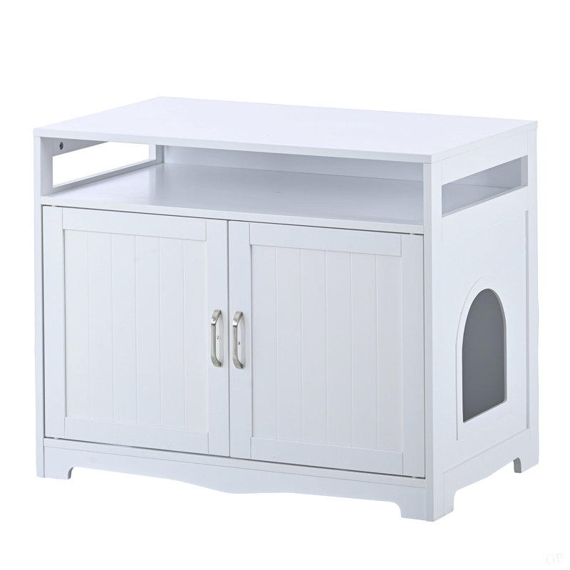 Enceinte de litière, meuble de litière pour chat avec prise dissimulée, 2 portes, banc de rangement pour salle de bain pour chat, table d'appoint pour chat, grand bac à litière en bois inclus, blanc