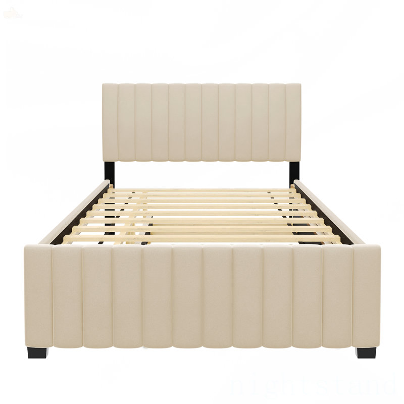 Lit plateforme double en velours avec lit gigogne, Beige