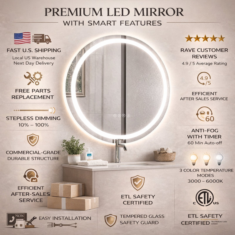 LED ETL Certified Round Frameless Anti-Fog Dimmable Tempered Glass Modern Vanity Mirror for Bathroom, 28"H x 28"W