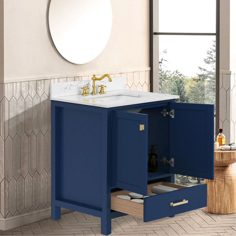 Meuble-lavabo autoportant de 30 pouces avec cadre en bois massif bleu, lavabo, tiroirs à fermeture en douceur