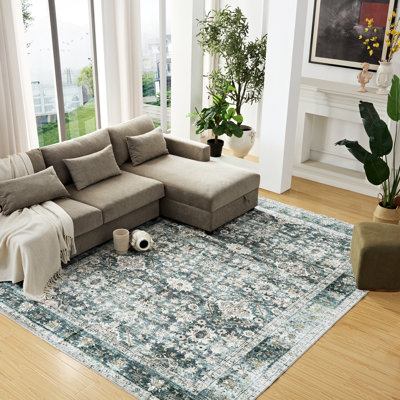 Tapis oriental rectangulaire en polyester lavable à la machine en vert / brun Southstoke