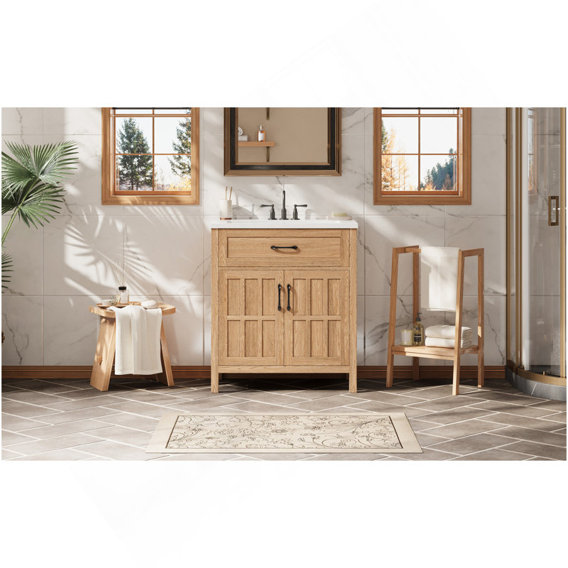 Meuble-lavabo de 30 po avec lavabo en résine, meuble-lavabo à cadre en bois avec tablette réglable, organisateurs de porte d'armoire, grain de bois naturel