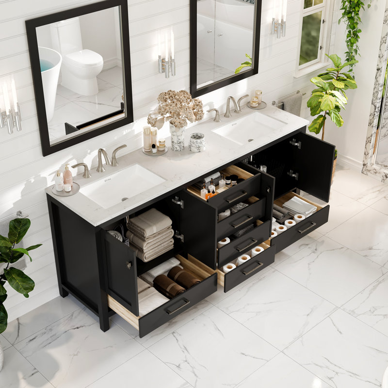 Minnich 78"W x 22"D Double Sink Bathroom Vanity with Undermount Porcelain Sink, Quartz - White Carrara, Espresso