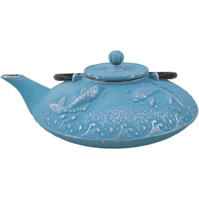 Turquoise Blue Auspicious Koi Fishes Cast Iron Tetsubin Teapot With Enamel Liner