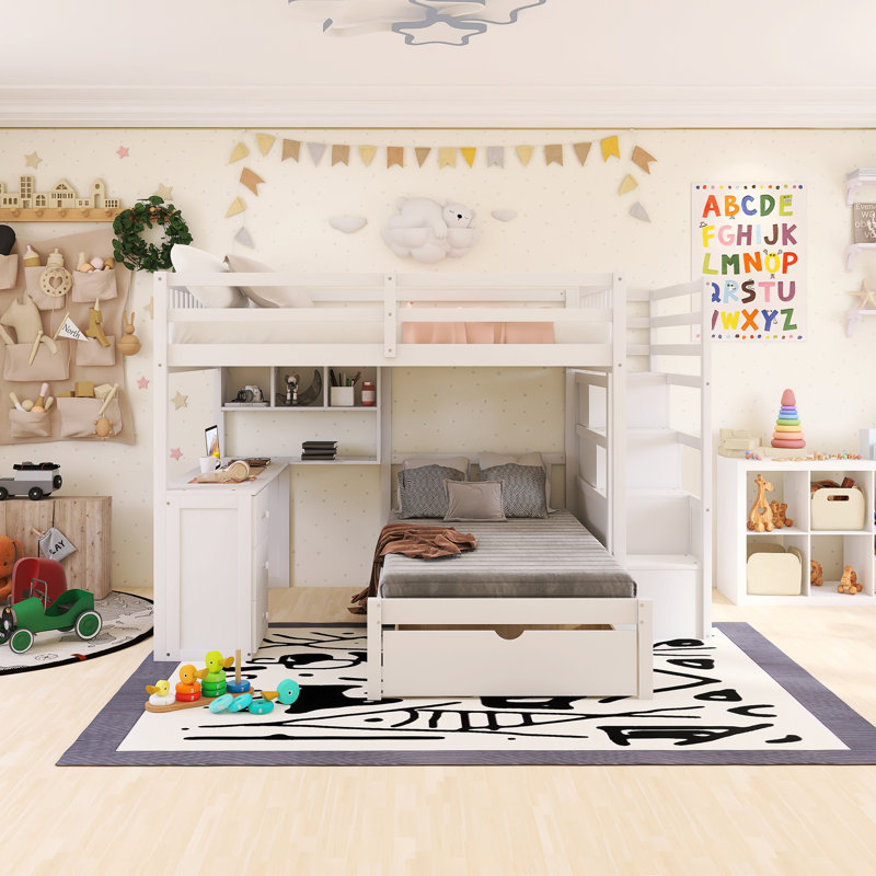 Lit superposé double au-dessus de simple avec cadre en bois avec bureau, tiroirs et tablettes, Blanc