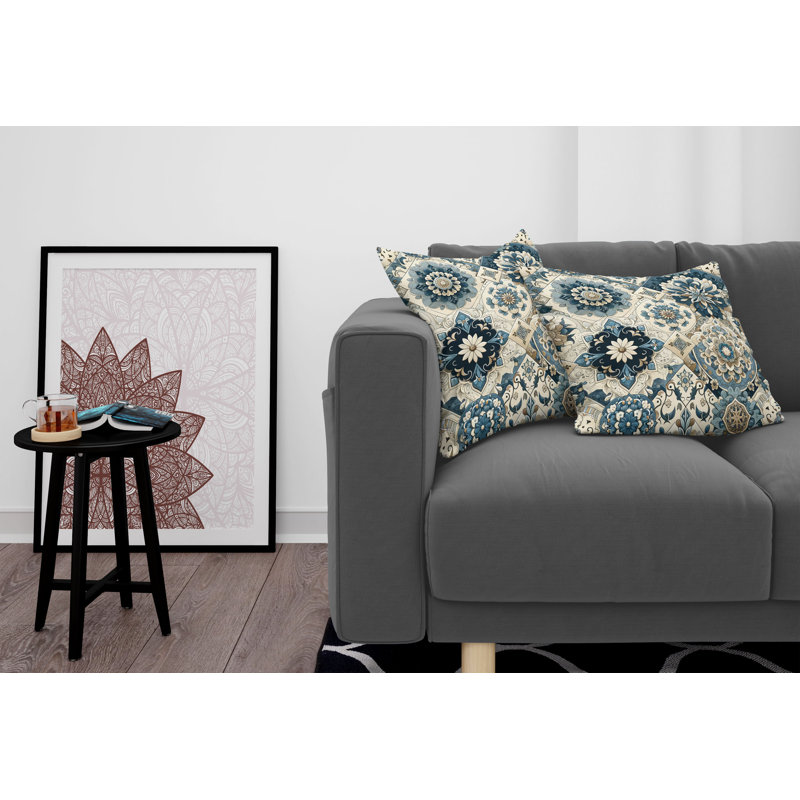 24" Off-White and Blue Microfiber Square Pillow Covers, Set of 2