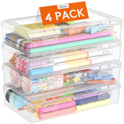 Plastic Pencil Box With Snap-tight Lid, Large Capacity Hard Pencil Case, Stackable Craft Organizer For Art Supply, Office, 4 Pack