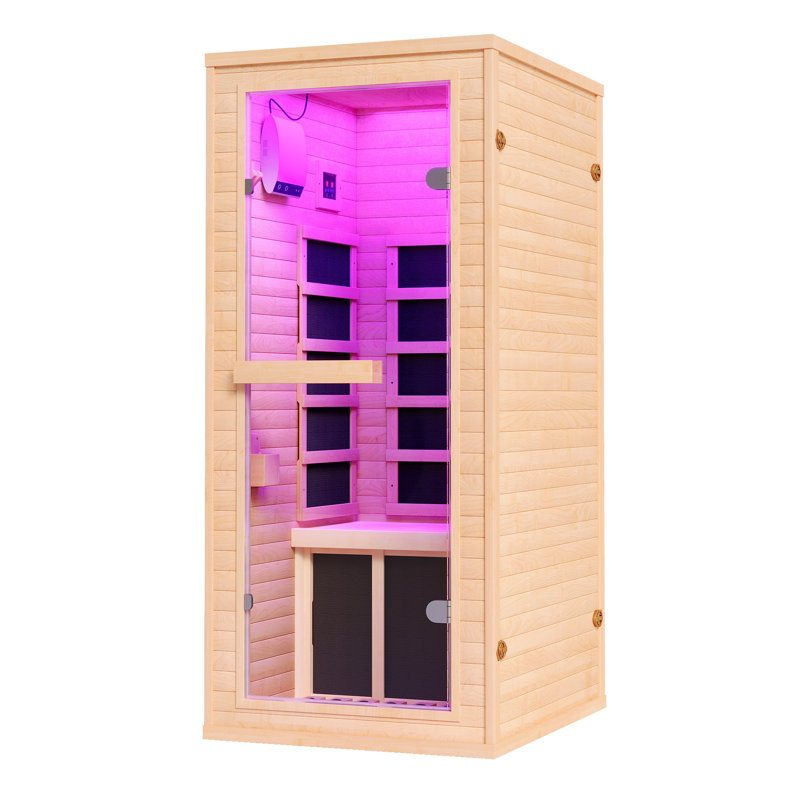 Sauna infrarouge d'intérieur pour 1 personne, sauna en bois de pruche 930W / 110V avec chauffe-pieds en pierre de tourmaline, luminothérapie 7 couleurs, haut-parleur Bluetooth double, assemblage facile - spa d'intérieur compact 27,2 po x 32,3 po x 61 po