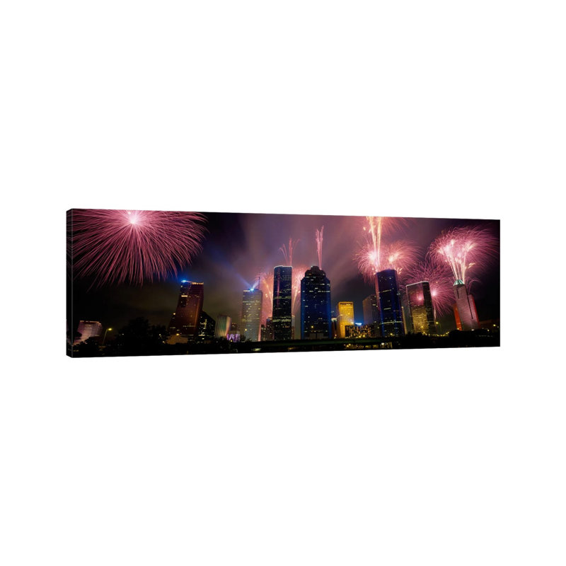 Fireworks Over Buildings In A City, Houston, Texas, USA - Wrapped Canvas Panoramic Print, 30.48 cm H x 91.44 cm W x 1.91 cm D