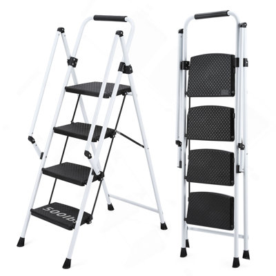 Échelle blanche à quatre marches, tabouret pliant à quatre marches léger, large pédale antidérapante et poignée de sécurité, échelle en acier robuste, échelle polyvalente, utilisable pour la famille, la cuisine, l'ascenseur de bureau