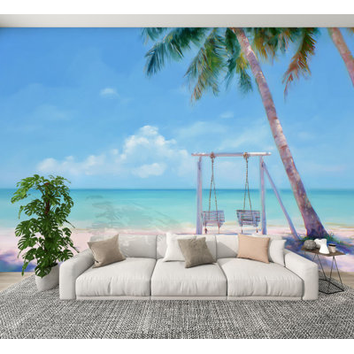 Peel and Stick Wallpaper Beach Coastal Seaside Ocean Swing Coconut Trees Light Blue Sky Wall Murals 100"H x 144"W Removable PVC Wall Paper Self-Adhesive Wall Decor for Bedroom Living Room Home Office